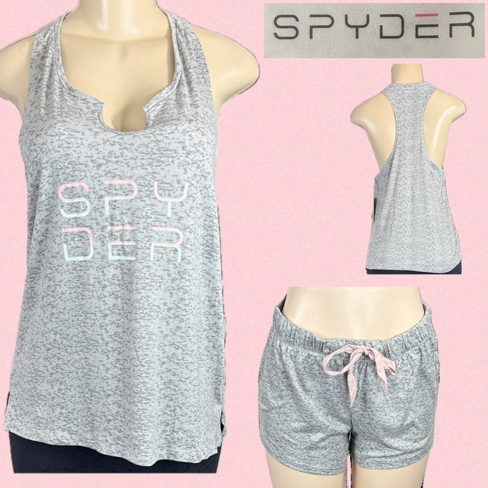 Spyder Womens L Lounge Pajama Set Logo Heather Gray Racerback Tank Top Shorts